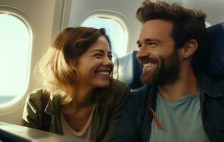 ai generato un' uomo e donna sorridente su un' aereo foto