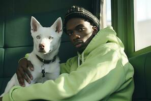 ai generato un' uomo si siede su un' bianca cane nel un Aperto finestra foto
