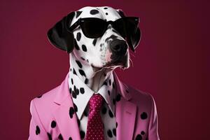 ai generato un' dalmata è indossare occhiali da sole e un' rosa e arancia completo da uomo foto