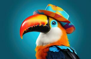 ai generato un' colorato tucano indossare un' compleanno cappello foto