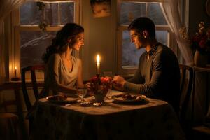 ai generato contento giovane coppia nel candela notte cena avendo romantico cena a casa, donna fabbricazione presente sorpresa su candela leggero Data ai generato foto