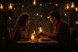 ai generato contento giovane coppia nel candela notte cena avendo romantico cena a casa, donna fabbricazione presente sorpresa su candela leggero Data ai generato foto