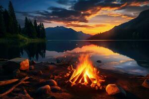 ai generato lago lato fuoco di bivacco con legna ardente nel un' panoramico ambientazione durante il tramonto. nel d'oro leggero ai creare foto