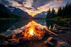 ai generato lago lato fuoco di bivacco con legna ardente nel un' panoramico ambientazione durante il tramonto. nel d'oro leggero ai creare foto