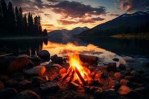 ai generato lago lato fuoco di bivacco con legna ardente nel un' panoramico ambientazione durante il tramonto. nel d'oro leggero ai creare foto