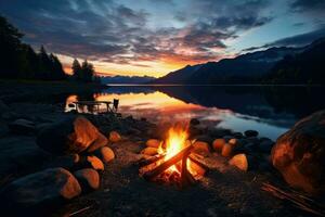 ai generato lago lato fuoco di bivacco con legna ardente nel un' panoramico ambientazione durante il tramonto. nel d'oro leggero ai creare foto