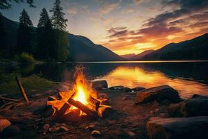 ai generato lago lato fuoco di bivacco con legna ardente nel un' panoramico ambientazione durante il tramonto. nel d'oro leggero ai creare foto