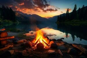 ai generato lago lato fuoco di bivacco con legna ardente nel un' panoramico ambientazione durante il tramonto. nel d'oro leggero ai creare foto