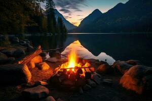 ai generato lago lato fuoco di bivacco con legna ardente nel un' panoramico ambientazione durante il tramonto. nel d'oro leggero ai creare foto