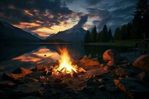 ai generato lago lato fuoco di bivacco con legna ardente nel un' panoramico ambientazione durante il tramonto. nel d'oro leggero ai creare foto