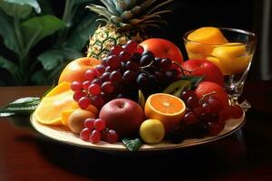 ai generato frutta su piatto, frutta decorazione pronto per mangiare, fresco frutta varietà su vassoio salutare mangiare dieta cibo ai generato foto