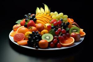 ai generato frutta su piatto, frutta decorazione pronto per mangiare, fresco frutta varietà su vassoio salutare mangiare dieta cibo ai generato foto