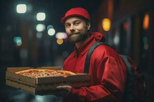 ai generato Pizza consegna uomo pronto per Pizza scatole per cliente. cibo consegna servizio, Pizza per giovane uomo a casa ai generato foto