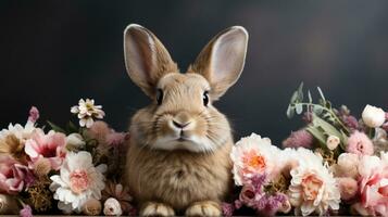 ai generato adorabile coniglietto tra primavera fiori nel vivace ritratto. foto