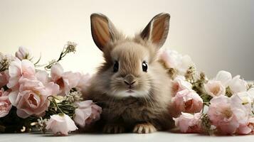ai generato adorabile coniglietto tra primavera fiori nel vivace ritratto. foto