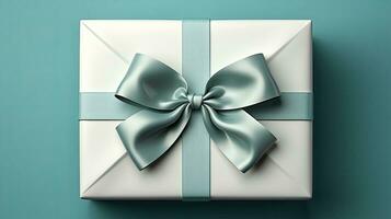 ai generato blu regalo scatola con presente legato con nastro arco per San Valentino giorno compleanno o Natale festivo nuovo anno sfondo foto