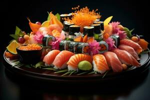 ai generato un ad arte disposte Sushi piatto in mostra un' varietà di rotoli e sashimi. generativo ai foto