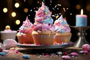 ai generato un' capriccioso Cupcake Torre con cupcakes decorato con vivace glassa turbinii e giocoso spruzzatori. generativo ai foto