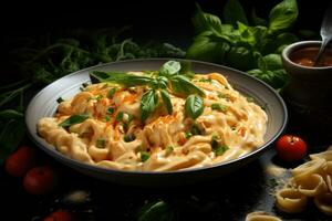 ai generato un' acquolina in bocca ciotola di cremoso pasta con un' ricco pomodoro e basilico salsa. generativo ai foto