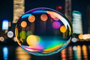 ai generato un' colorato bolla galleggiante nel davanti di un' città orizzonte foto