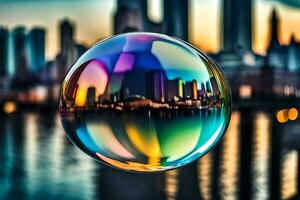 ai generato un' colorato bolla con un' città nel il sfondo foto