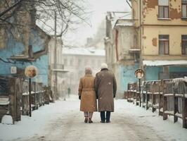 ai generato un anziano coppia passeggiate mano nel mano lungo un' nevoso strada. il Visualizza a partire dal il Indietro. il amore di il anziano, inverno vacanze. ai generato illustrazione. foto