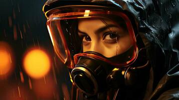 ai generato viso di un' donna nel un' protettivo casco e maschera con un' respiratore e gas maschera ai generato Immagine foto