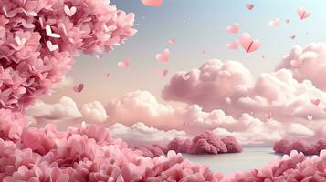 ai generato rosa nuvole sagomato piace amore cuori nel il cielo, romantico Visualizza con cuori per San Valentino giorno ai generato Immagine foto