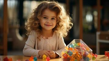 ai generato poco sorridente contento gioioso ragazza bambino giocando con giocattoli plastica colorato cubi costruzione impostato a casa foto