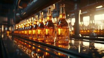 ai generato bicchiere birra bottiglie su un' imbottigliamento trasportatore linea nel un' bevanda fabbrica di birra foto