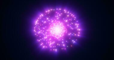 astratto energia Magia viola sfera palla atomo il giro molecola fatto di raggiante luminosa elettrico elettroni piccolo il giro particelle volante puntini su nero sfondo foto