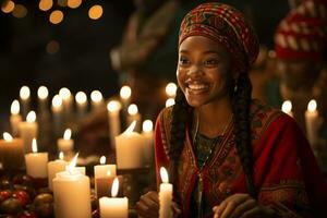 ai generato Kwanzaa celebrazione, messa a fuoco su africano persone illuminato candela raggiante con culturale significato foto