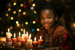 ai generato Kwanzaa celebrazione, messa a fuoco su africano persone illuminato candela raggiante con culturale significato foto