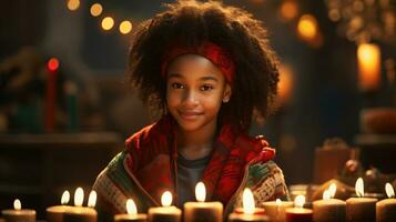 ai generato Kwanzaa celebrazione, un' ragazza immersa nel il vita notturna e festivo atmosfera foto