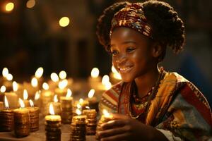 ai generato Kwanzaa celebrazione, messa a fuoco su africano persone illuminato candela raggiante con culturale significato foto