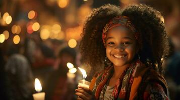 ai generato Kwanzaa celebrazione, un' ragazza immersa nel il vita notturna e festivo atmosfera foto