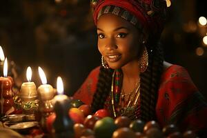 ai generato Kwanzaa celebrazione, messa a fuoco su africano persone illuminato candela raggiante con culturale significato foto