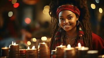 ai generato Kwanzaa celebrazione, un' ragazza immersa nel il vita notturna e festivo atmosfera foto