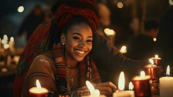 ai generato Kwanzaa celebrazione, un' ragazza immersa nel il vita notturna e festivo atmosfera foto