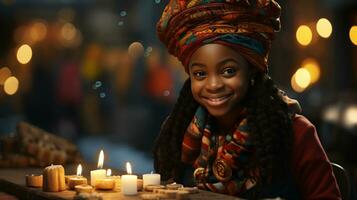 ai generato Kwanzaa celebrazione, un' ragazza immersa nel il vita notturna e festivo atmosfera foto