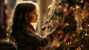 ai generato Natale albero meravigliosamente decorato con ornamenti e un' poco ragazza attivamente decorazione foto