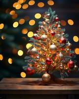 ai generato Natale albero meravigliosamente decorato con festivo ornamenti foto