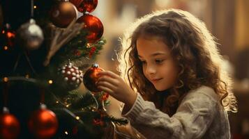ai generato Natale albero meravigliosamente decorato con ornamenti e un' poco ragazza attivamente decorazione foto