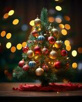 ai generato Natale albero meravigliosamente decorato con festivo ornamenti foto