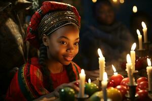 ai generato Kwanzaa celebrazione, messa a fuoco su africano persone illuminato candela raggiante con culturale significato foto