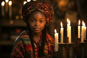 ai generato Kwanzaa celebrazione, messa a fuoco su africano persone illuminato candela raggiante con culturale significato foto