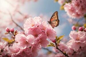 ai generato un' sognante sakura giardino con grazioso farfalle foto