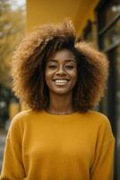 ai generato giovane afro donna Abbracciare una persona felicità e fiducia. foto