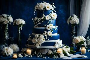 ai generato un' blu nozze torta con bianca fiori e candele foto