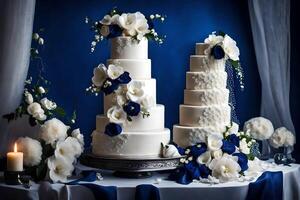 ai generato tre nozze torte con blu e bianca fiori foto